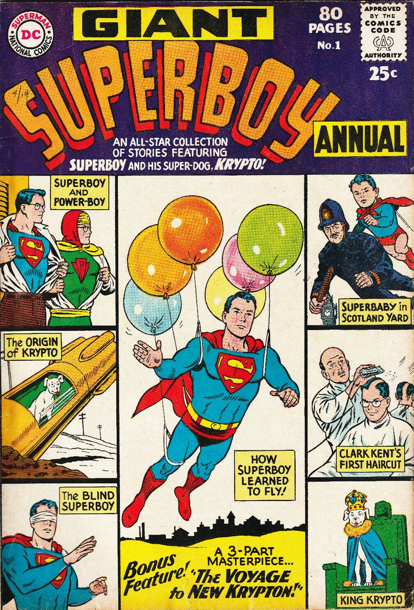 Comic of the Week. Superboy Annual 1 from 1964. Cover by Curt Swan and George Klein. A beautiful cover to lure you in. Superboy being held up by balloons, looks gorgeous but not very practical! Leave reality outside, and enjoy!