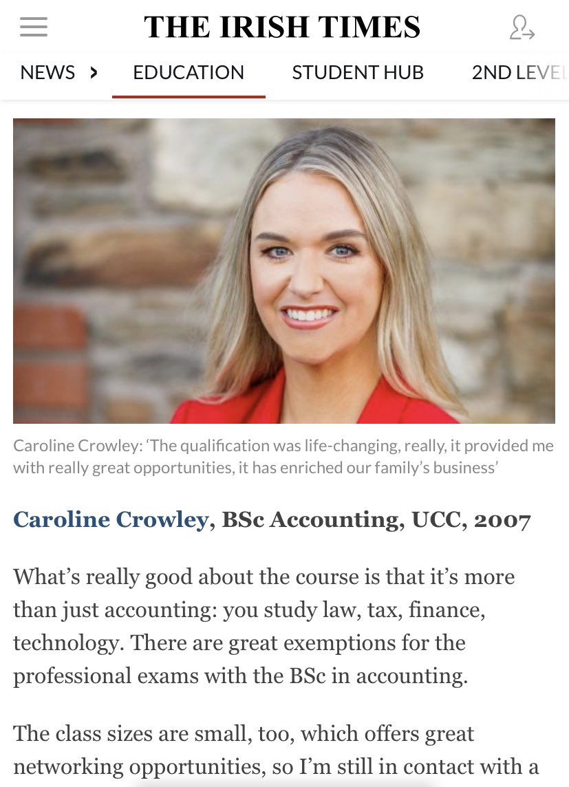 Delighted to feature in todays <a href="/IrishTimes/">The Irish Times</a> highlighting the BSC Accounting qualification in UCC. Many thanks to <a href="/CUBSucc/">Cork University Business School (CUBS)</a> for asking me to get involved. My best wishes to everyone sitting the upcoming leaving certificate, a world of opportunity awaits you. #businessopportunities