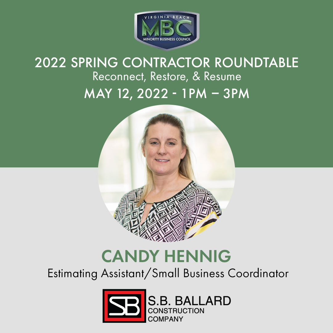 SBBCC's tweet photo. @myVBMBC will host the 2022 Spring Contractor Roundtable. Candy Henning, our small business coordinator, will represent SBBCC. We encourage SWaM/DBE subcontractors to bid on projects through our portal: https://t.co/twjy22XmVk

#MoreThanABuilding #SWaM #MinorityBusinessCouncil https://t.co/A49eTybZro