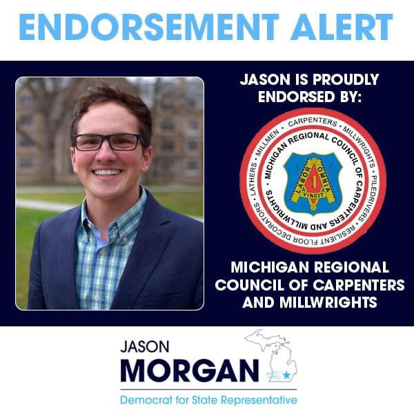 JasonMorganMI's tweet photo. I am thrilled to have the endorsement of the Michigan Regional Council of Carpenters &amp; Millwrights @MRCCUnion. As your next State Representative, I will always stand up for the rights of working Michiganders and their families. #MorganforMI #1u #Solidarity https://t.co/8kwqn7hglF