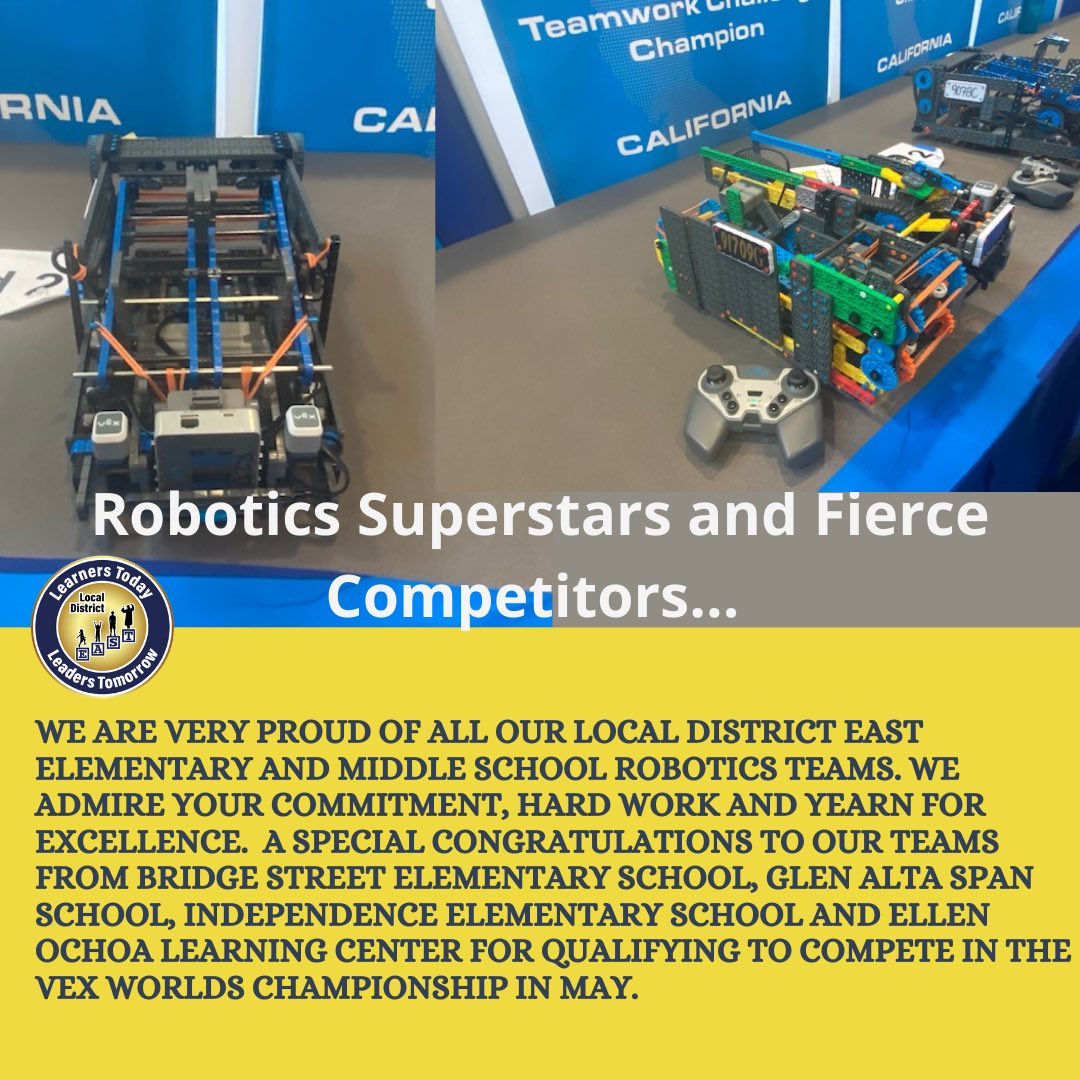 LASchoolsEast's tweet photo. The #VEXRoboticsWorldChampionship in Texas is underway. Wishing our schools (#BridgeStreetElementary, #GlenAltaSpan, #IndependenceStreetElementary,&amp; #EllenOchoaLearningCenter) good luck &amp; a great time as they compete at the national level. We are so proud of their hard work!👏🏼👏🏼 https://t.co/fw1ox4MEca