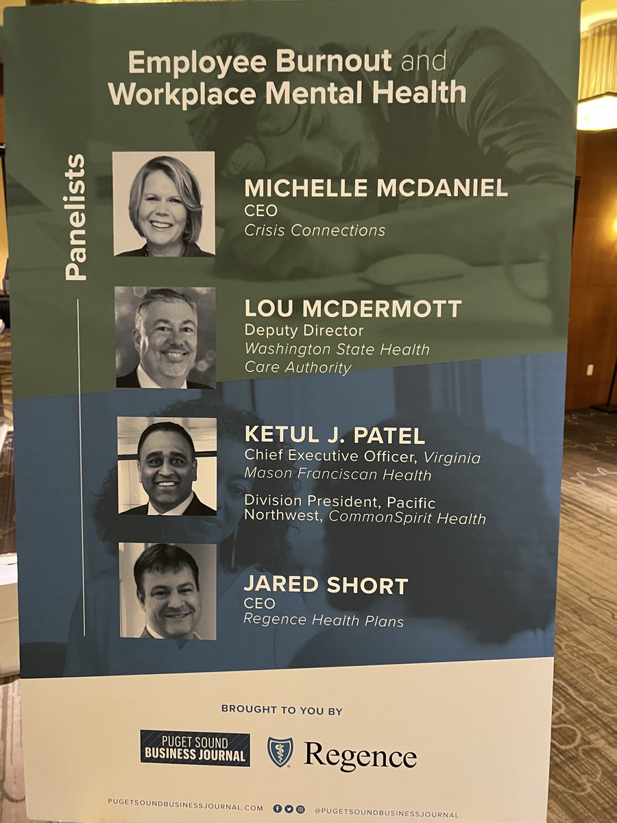 RegenceWA's tweet photo. Thanks to panelists Jared Short of @RegenceWA, Lou McDermott of @WA_Health_Care, @VMFHealth's Ketul Patel and Michelle McDaniel of @CrisisCXNs for an informative, engaging conversation around mental health at the modern workplace. @PSBJ https://t.co/kBYoGwnIyk