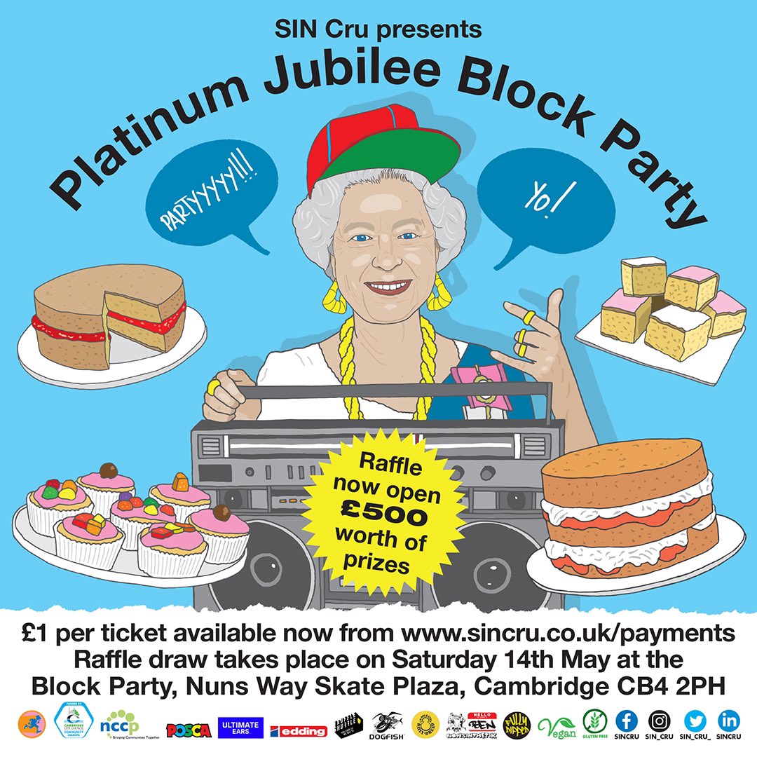 SIN_Cru_'s tweet photo. ⚠️#SINCru’s #raffle is now open⚠️ as part of the #Queen’s #Platinum #Jubilee #BlockParty. Visit https://t.co/gILARnPGJy to enter. Only £1 per ticket. £500 work of prizes from our friends at @poscauk, @ultimateears, @eddingUK, @truffleshuffle_ , @Dogfishmen and #DailyBread. https://t.co/ftKYjRHJlw