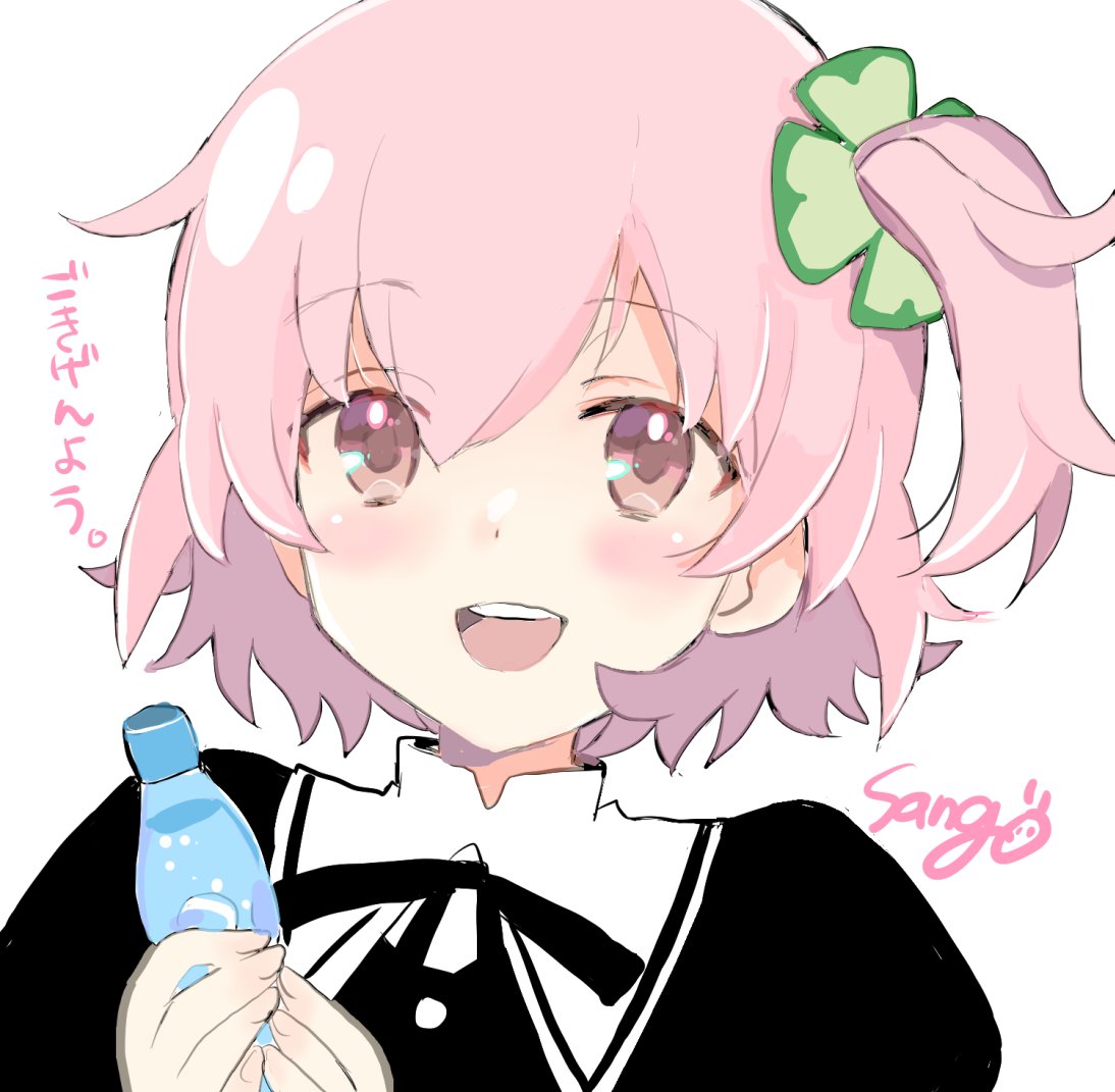 1girl yurigaoka girls academy school uniform solo pink hair ramune holding white background  illustration images