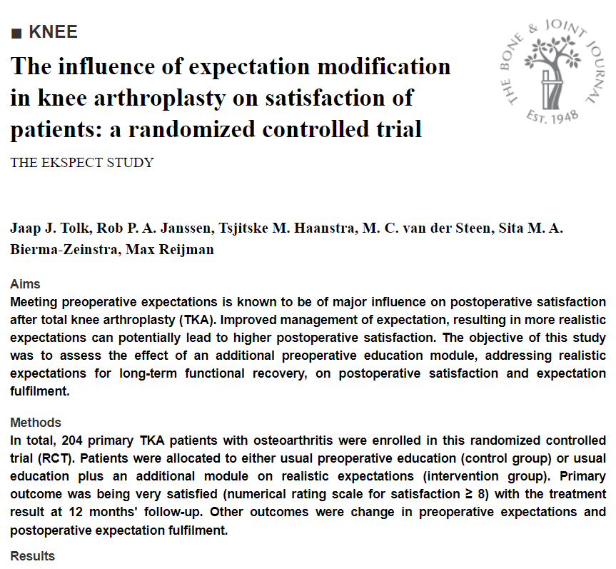 The Bone & Joint Journal (@bonejointj) on Twitter photo Approximately 1 in 5 patients are not completely satisfied after primary TKA, and the strongest predictor of satisfaction is fulfilment of preoperative expectations on treatment result.
#arthroplasty #ortho <a href="/RPAJanssen/">RPA Janssen MD PhD</a> <a href="/MMC/">MĂĄximaMC</a> <a href="/ErasmusMC/">Erasmus MC</a>
ow.ly/gQcn50J31BX Approximately 1 in 5 patients are not completely satisfied after primary TKA, and the strongest predictor of satisfaction is fulfilment of preoperative expectations on treatment result.
#arthroplasty #ortho <a href="/RPAJanssen/">RPA Janssen MD PhD</a> <a href="/MMC/">MĂĄximaMC</a> <a href="/ErasmusMC/">Erasmus MC</a>
ow.ly/gQcn50J31BX