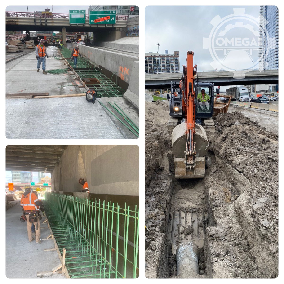 Lots of work on the <a href="/Thejanebyrne/">Jane Byrne Interchange</a> NB I-90/94 project! Tying rebar for barrier base at Washington is underway where the new CD Road will rejoin mainline WB 90/94, barrier wall being formed adjacent to the Washington bridge pier, &amp; an old manhole being removed for new drainage!