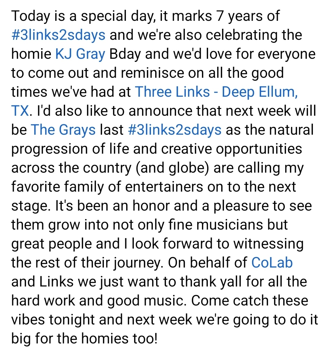 3LinksDeepEllum's tweet photo. Got a super special show for y'all tonight, come on out to celebrate #3links2sdays 7-year Anniversary at HQ, plus KJ Gray's birthday!!
@wethemgrays @colabband #threelinks #threelinksdeepellum #deepellum #weneversleep #dallasmusic #deepellummusic #dallasscene #dallasnightlife https://t.co/jfNBo6N6bF