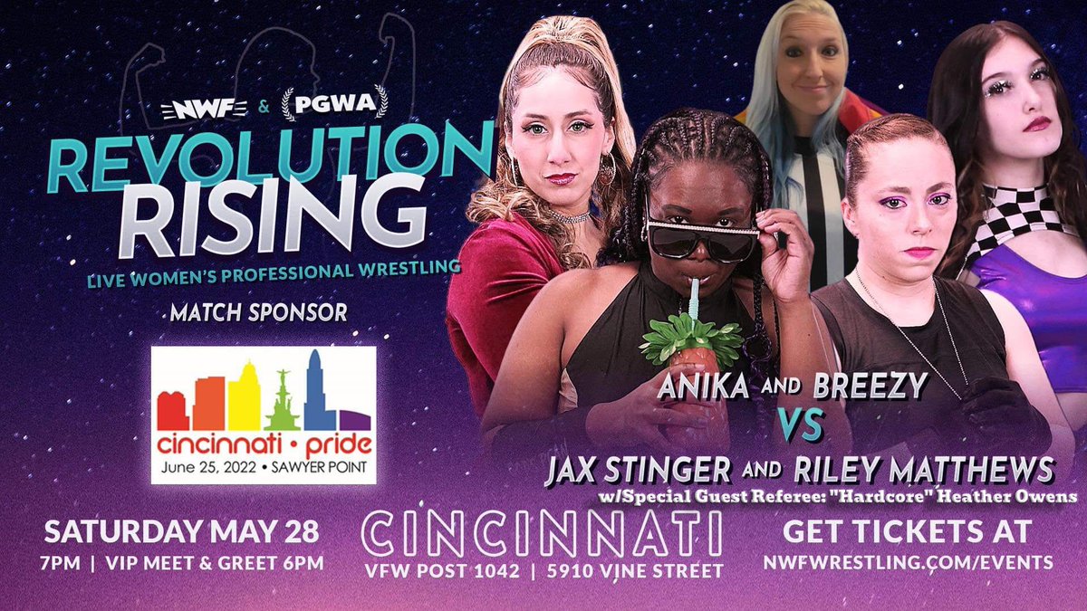 H2Owens's tweet photo. Look who is making a return to #NWF 🤘😊🤘and refn the #tagmatch of #Anika & @its_BREEZY_ vs #JAxStinger & @rileympro
🎟🔗: https://t.co/CbXiMKtMlz
Thank you to @CincinnatiPride for sponsoring this match! 🏳️🌈 https://t.co/YOgcuFkxx4
#RevolutionRising #wrestling #pride #pgwa https://t.co/TXwPVm2VyN