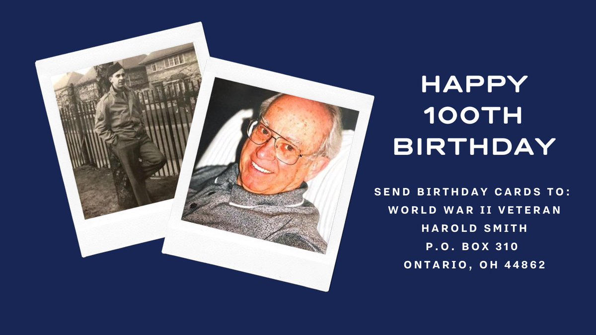 All #WWII Veteran Harold Smith wants for his birthday is 100 birthday cards! Help us celebrate him and his service; send your cards by June 8. 

#HappyBirthday #Veterans #NVMM <a href="/wwiimemorial/">WWII Memorial Friends</a> <a href="/wwiimuseum/">National WWII Museum</a> <a href="/OhioVets/">OH Dpt Veterans Svcs</a>