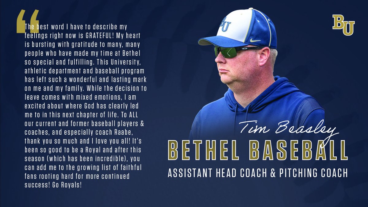 BethelRoyals's tweet photo. After 11 seasons with @baseball_bethel, Asst. Head Coach/Assistant AD Tim Beasley to step down at the end of the season. #WeAreBU x #d3baseball

RELEASE: https://t.co/1vVnIvWvrI https://t.co/bdhGHcQuDr