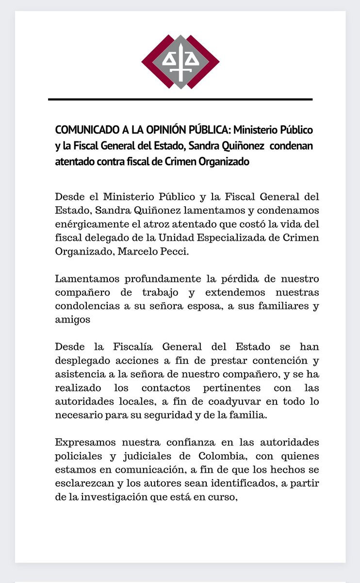 py_urgente's tweet photo. Mediante un comunicado el @MinPublicoPy  y la Fiscal General del Estado, @SandraQuinonezA condenan el cobarde atentado contra fiscal de Crimen Organizado, Marcelo Pecci, ocurrido este martes en Cartagena, República de 
Colombia. 

@CancilleriaCol 
@IvanDuque

#PyUrgente https://t.co/LDXMkRnaLF