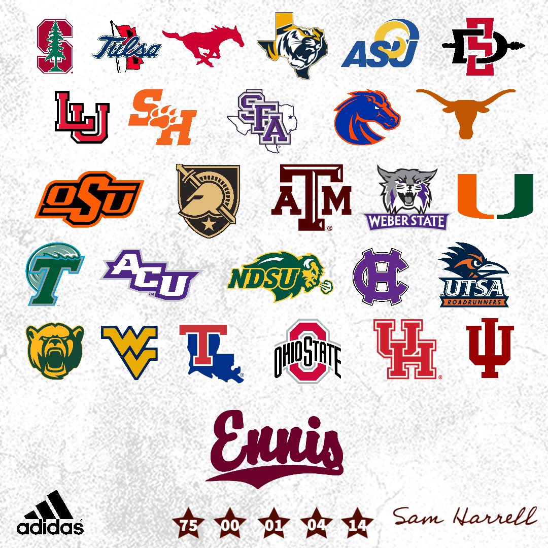@EnnisFootball We owe a BIG THANK YOU to all college programs that stopped by to recruit our student-athletes at Ennis High School. These are just some of the many schools represented on our campus over the past 4 weeks. #StraightLineRecruiting #RecruitEnnis THANK YOU‼️