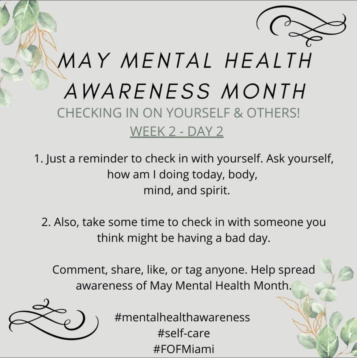 FOFMiami's tweet photo. HAPPY TUESDAY, HELP SPREAD THE WORD!!!!! 😁
☀️Let your unique awesomeness and positive energy inspire confidence in others.
Monthly Activities Calendar: 💻https://t.co/lromtMNumt 
#maymentalhealthawarenessmonth #getintheknow #motivatedmindset #inspire #fofcares #fofmiami #happy https://t.co/sNmNuxAWiX