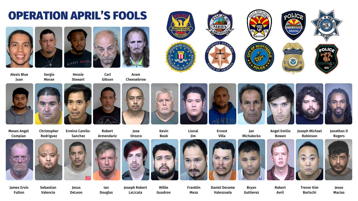 PhoenixPolice's tweet photo. #PHXPDHEATUnit partnered with 9 other police agencies for Operation April’s Fools, an undercover operation targeting the demand for child sex crimes and human trafficking. At the conclusion of the operation, 29 men suspected of soliciting various sex acts were arrested. 

(1/2) https://t.co/1hIYLoUWPC