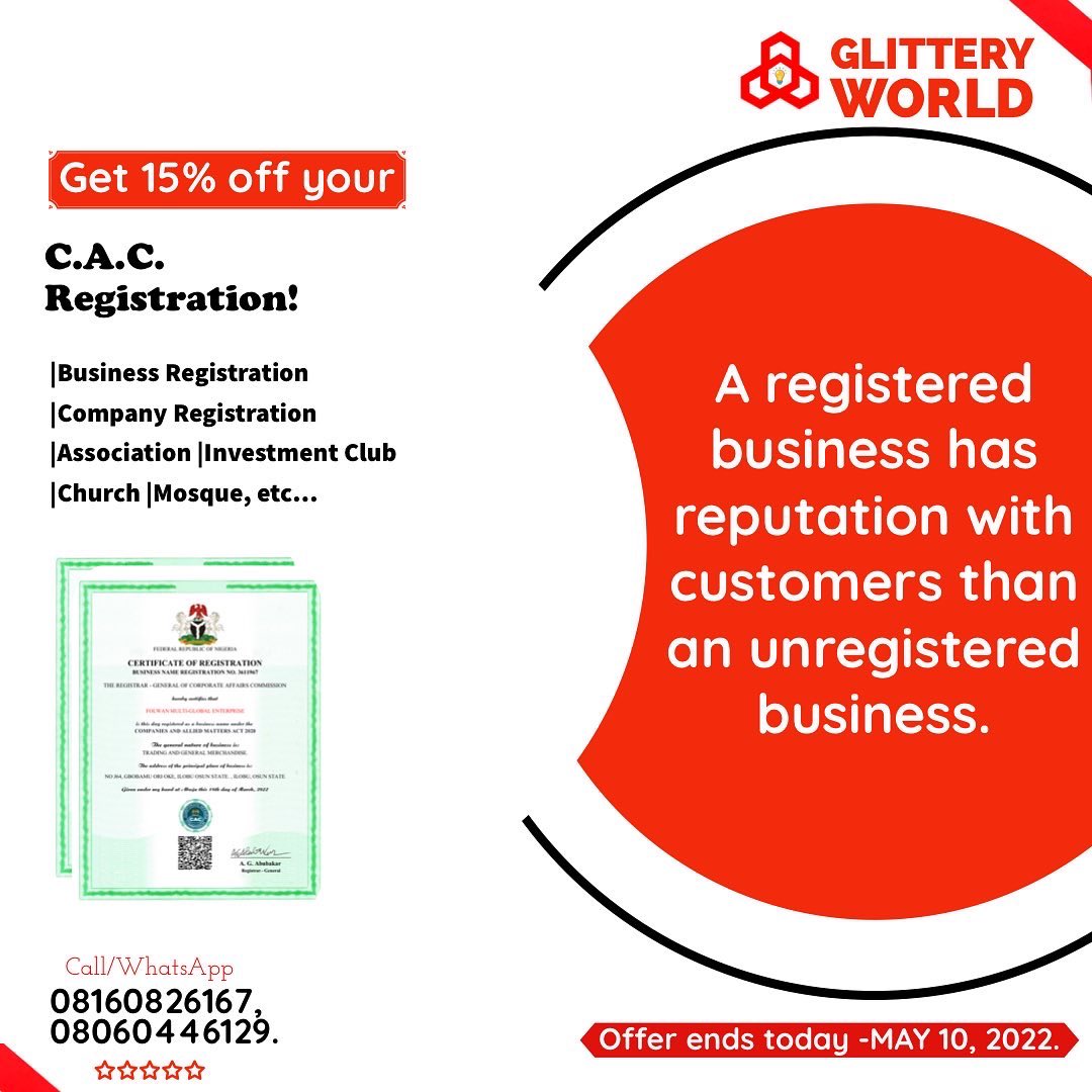 glitteryworld_c's tweet photo. Still in the spirit of our 5th year anniversary, @glitteryworld_c decided to help startups and SMEs take their brands to another level by giving out 15% discount on every #cac registration that you do with us. We started on May 3rd and it’s closing today.
Grab it while it last. https://t.co/9r162gbIrt