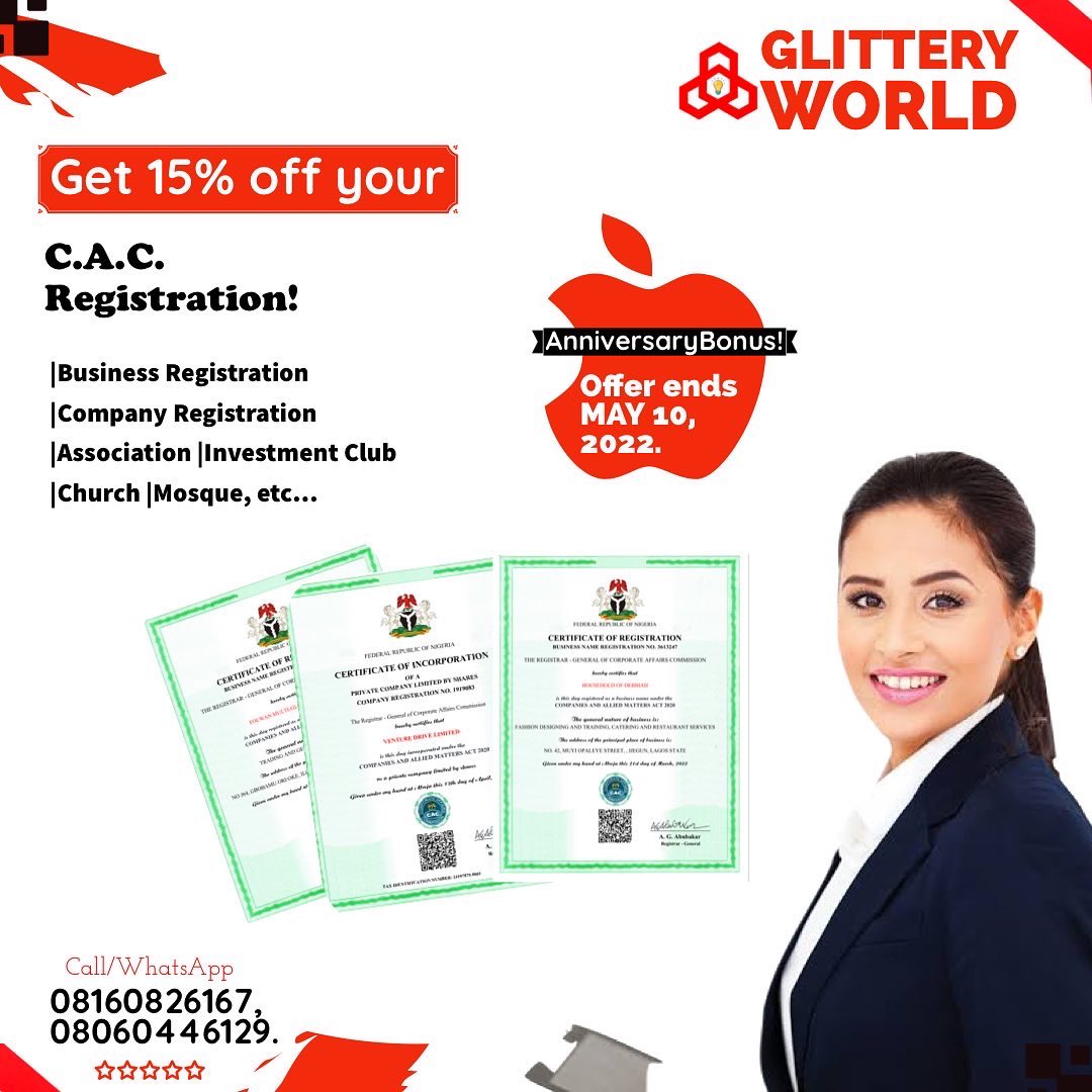 glitteryworld_c's tweet photo. Still in the spirit of our 5th year anniversary, @glitteryworld_c decided to help startups and SMEs take their brands to another level by giving out 15% discount on every #cac registration that you do with us. We started on May 3rd and it’s closing today.
Grab it while it last. https://t.co/9r162gbIrt
