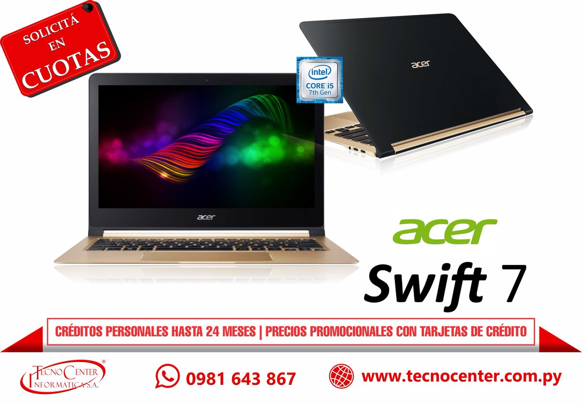 TecnoCenter_Py's tweet photo. El equilibrio perfecto entre elegancia y potencia. Notebook Acer Swift 7 Intel Core i5 13.3” Full HD. Adquirila en cuotas de Gs. 690.000! WApp Directo 📲 0981643867
#Notebooks #Acer #Swift7 #Windows10 #IntelCorei5 #TecnocenterPy https://t.co/x9UOxl2SUb