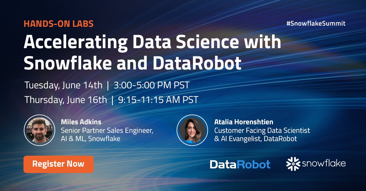 Attending #SnowflakeSummit? Join Miles Adkins from <a href="/SnowflakeDB/">SnowflakeDB</a> and <a href="/DataRobot/">DataRobot</a>’s <a href="/ataliahoren/">Atalia Horenshtien</a> for an instructor-led session to get first-hand experience preparing data, building, training models, and deploying models. Learn more: bit.ly/3ymf02S