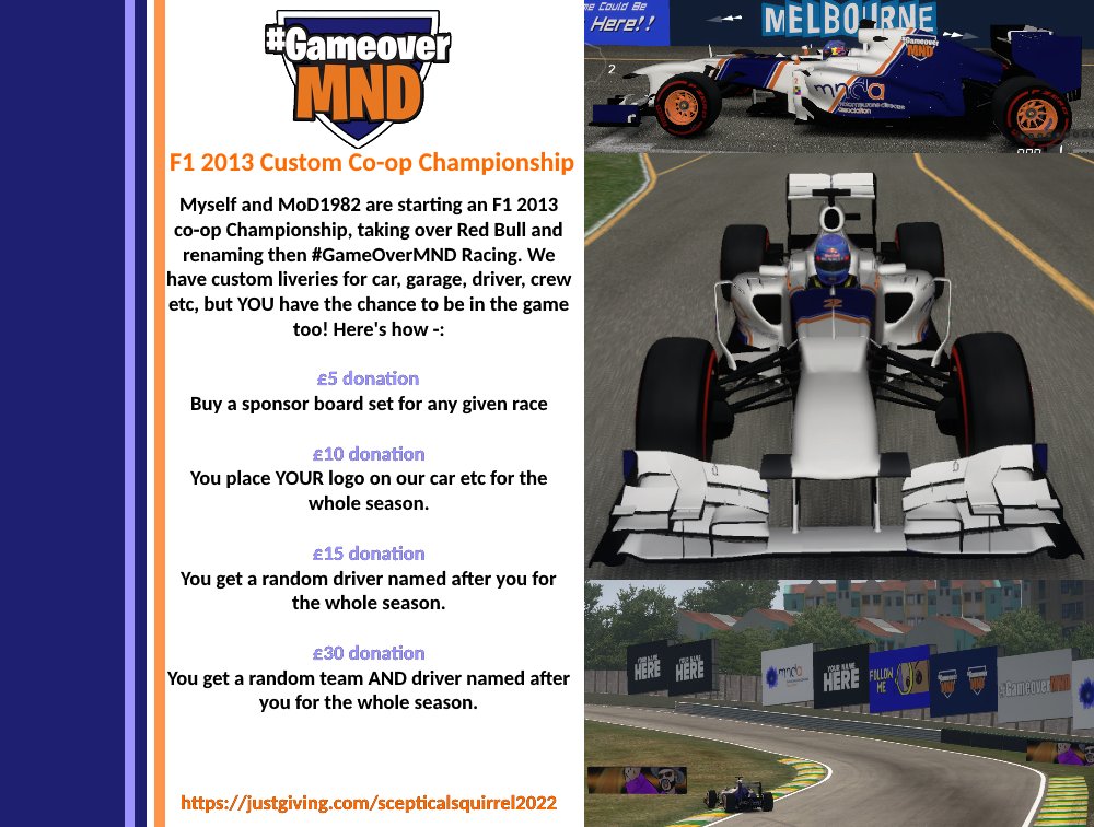 Team_Tuxedo's tweet photo. @ScepticalSquiz and @hashtagmodsucks are starting an F1 2013 championship soon to raise money for @mndassoc - if you want to get your name on the car or somewhere else, check out https://t.co/7OmG3Qu77F or go to Squirrel's Discord server https://t.co/b9zipmmY57 https://t.co/MTD76Wi3Fy