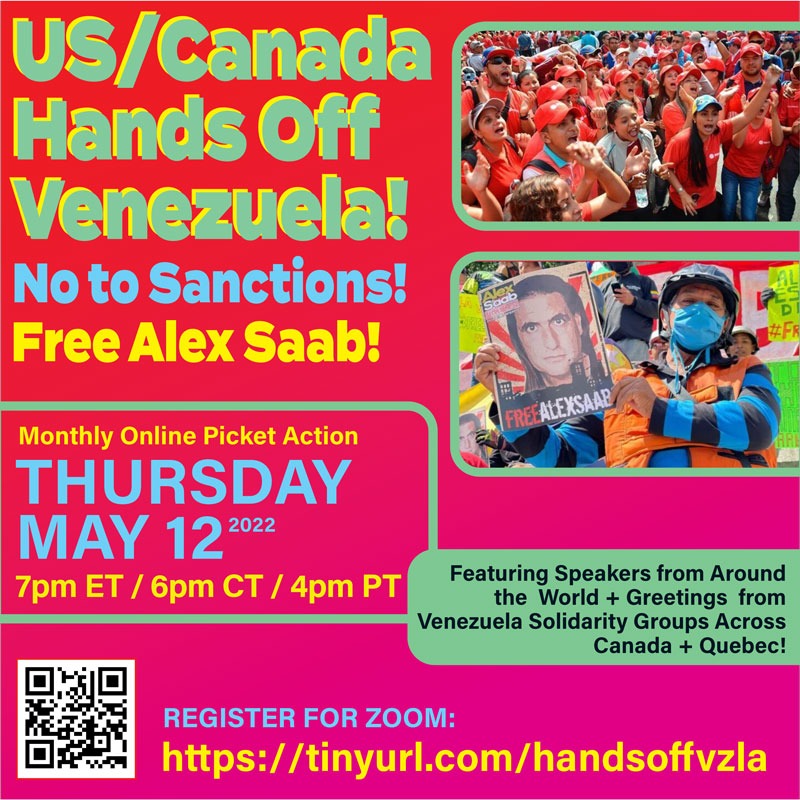 This week, 15th US/Canada #HandsOffVenezuela online picket w/ @Arnold_August, PSUV's Nelson Herrera, Roger D. Harris, hosted by @alisoncolette & @FTT_np  

register: tinyurl.com/handsoffvzla
FB event: facebook.com/events/1190028…