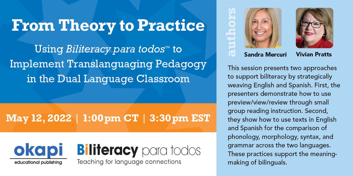 myokapi's tweet image. From Theory to Practice
Using Biliteracy para todos™ to Implement Translanguaging Pedagogy in the Dual Language Classroom 
@DrSMercuri @vivianrpratts

Click bit.ly/3FNnkuB to register!
