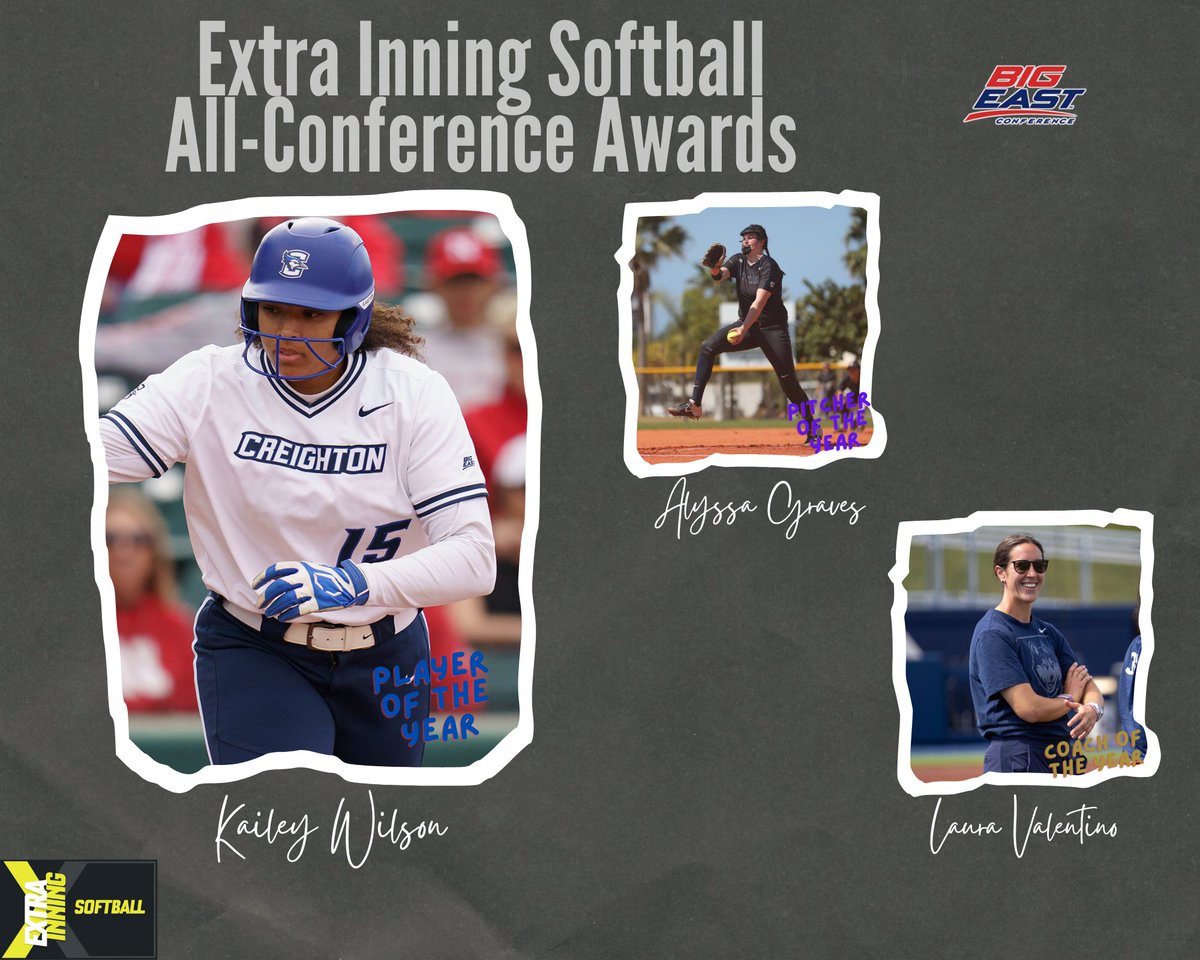 The <a href="/BIGEAST/">BIG EAST Conference</a> had some BIG performers this season.

Player of the Year: <a href="/kaileywilson42/">kdubs</a> <a href="/BluejaySoftball/">Creighton Softball</a> 
Pitcher of the Year: <a href="/alysssagraves/">Lyss</a> <a href="/ButlerSoftball/">Butler Softball</a> 
Coach of the Year: <a href="/CoachVUCONN/">Laura Valentino</a> <a href="/UConnSoftball/">UConn Softball</a>