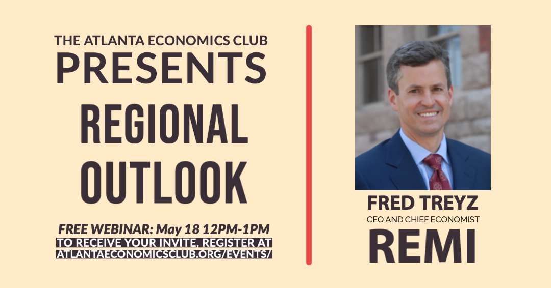 AtlantaEconClub's tweet photo. We're closing the year strong! Join us on Wednesday May 18 from 12-1 when we hear from REMI CEO and Chief Economist @fredtreyz about the regional outlook.

To register and receive your invite for this free webinar, visit: https://t.co/mBlnuE93Iu https://t.co/mulbAXCYmE