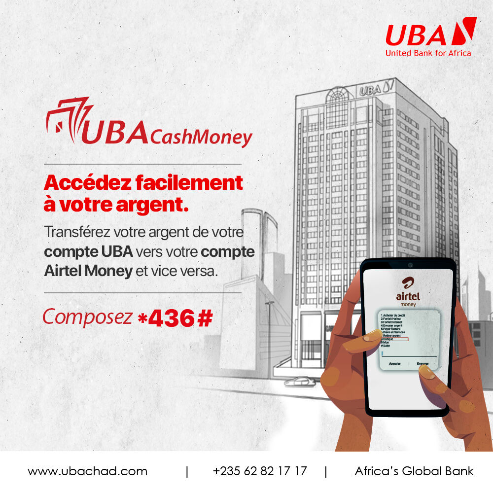 UBATchad's tweet photo. #UBACashMoney, un moyen rapide et facile d'effectuer vos transactions de la banque à votre compte Airtel Money Tchad.
Avec #UBACashMoney, la vie devient plus facile !
#UBATchad #Banquedigitale #AfricasGlobalBank #BankToWallet #B2W https://t.co/B306WvkKaX
