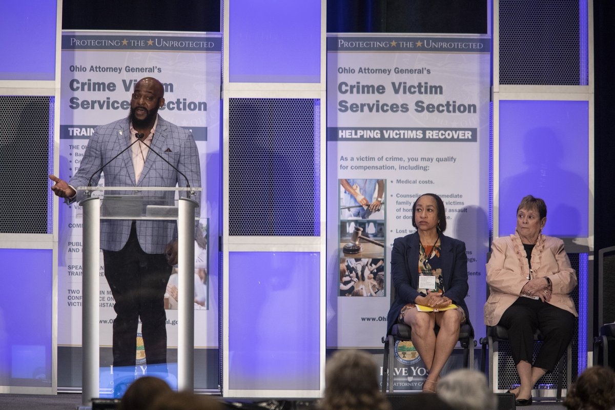 OhioAG's tweet photo. "There's no script for this," Bonnie Parrish from Family Services of Dayton talks impacts of trauma on victims, families, and her community after the 2019 mass casualty shooting in Dayton's Oregon District She was joined by presenters Sandy Hunt and Stephen Massey #TwoDaysInMay https://t.co/000nlemzZu