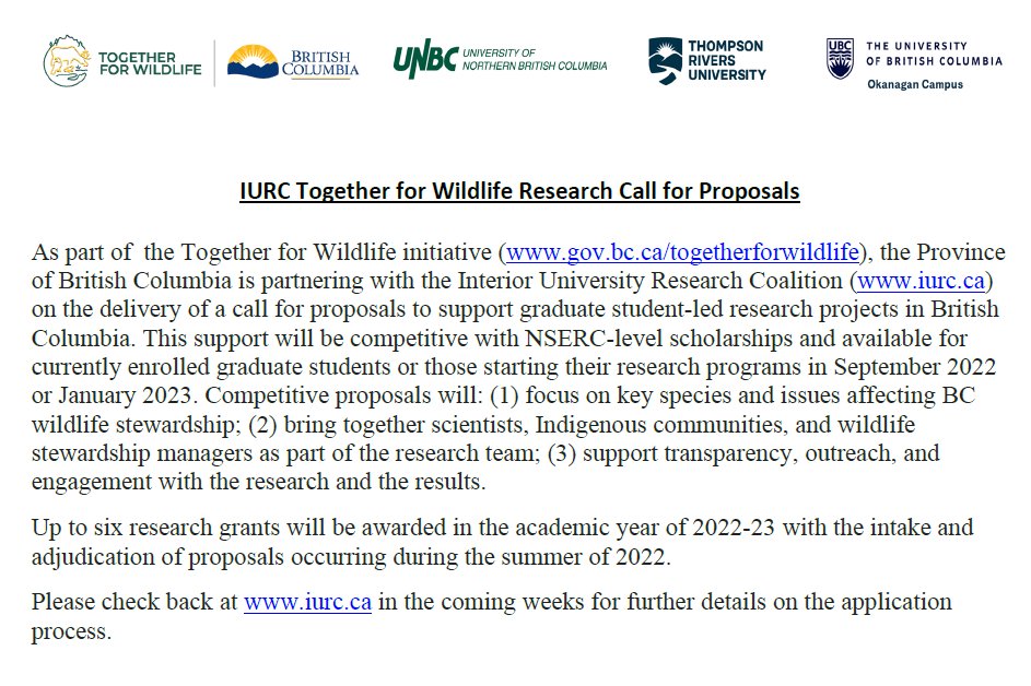 We are getting 6 BC graduate wildlife scholarships set up. Formal call for proposals coming soon. Stay tuned! iurc.ca/home.html
<a href="/bc_tws/">tws.bc.chapter</a> @UBCOWild <a href="/tws_ubcv/">The Wildlife Society UBCV</a> <a href="/theCSTWS/">Canadian Section of The Wildlife Society</a> @twsuvic