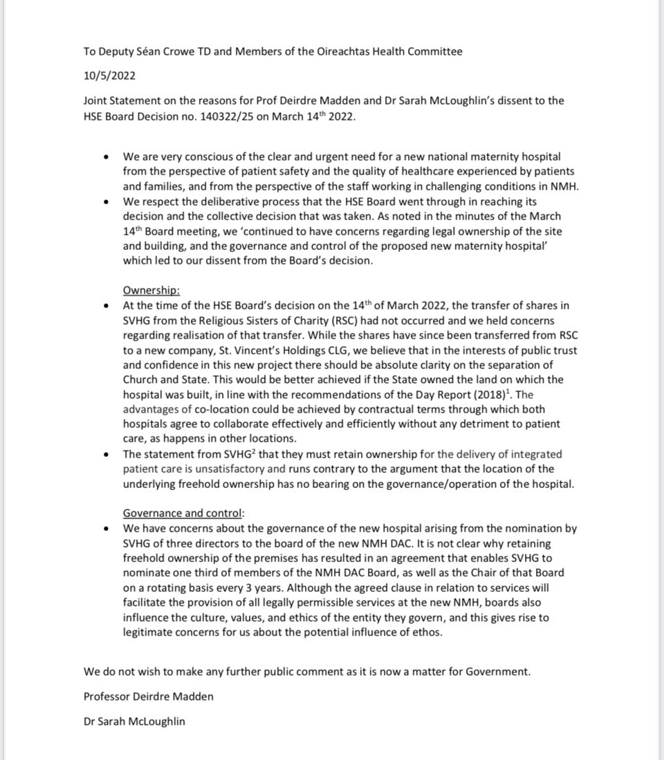 RTENewsPaulC's tweet photo. Two HSE Board members, Prof Deirdre Madden and Dr Sarah McLoughlin, have re-iterated their concerns re #NMH proposed move to St Vincents campus @rtenews https://t.co/WLDYPuOFod