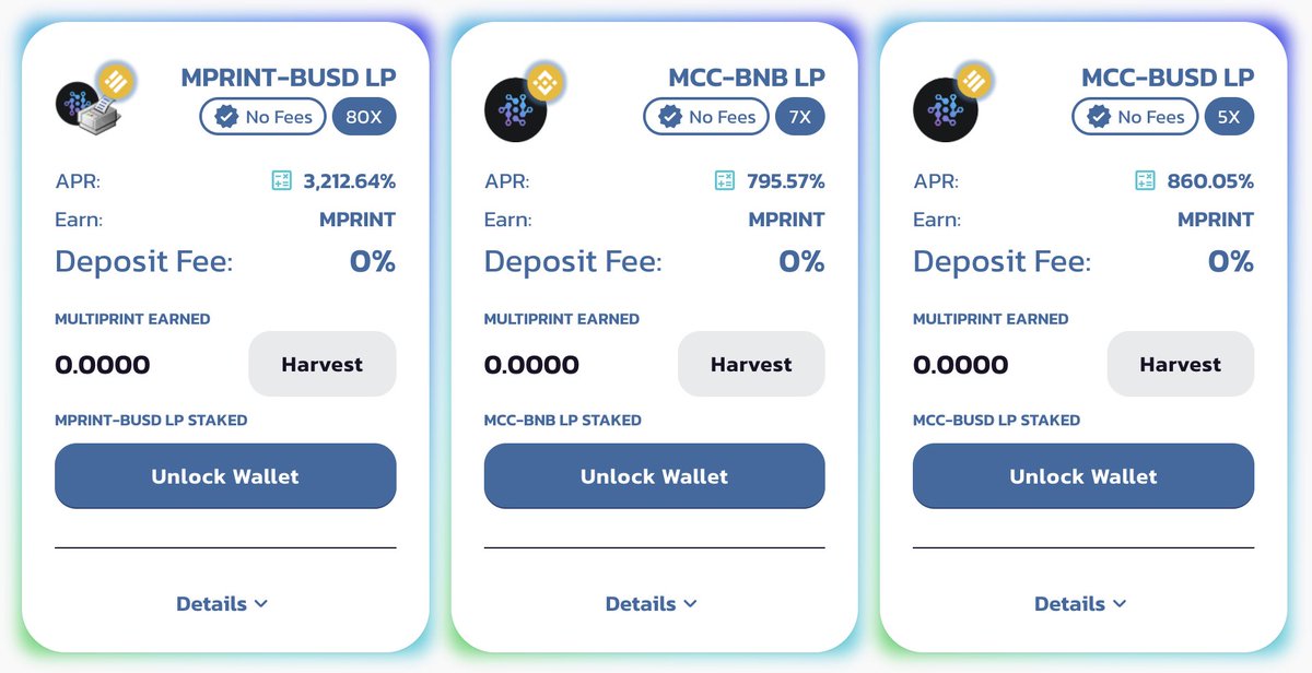 Multi-Chain Capital - #MultiPrint is Printing: * $MPRINT Rewards are now active on Binance Smart Chain. * $MPRINT x $BUSD - 3,212.64% APR * $MCC x $BNB - 795.57% APR * $MCC x $BUSD - 860.05% APR multiprint.mchain.capital