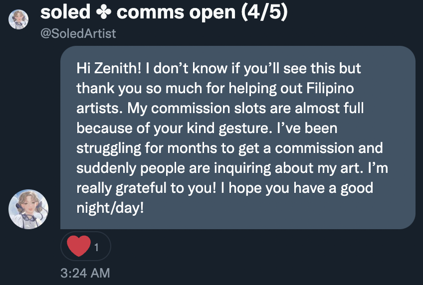 TragicHeroine_'s tweet photo. Thank you @SoledArtist for taking the time to send me such a sweet message even though you didn't need to thank me for anything. I hope my followers can send them some love during these difficult times 💕

(They have one more c0mm slot left! Let's get them to 5/5!!!) https://t.co/pNoXH8DFWp