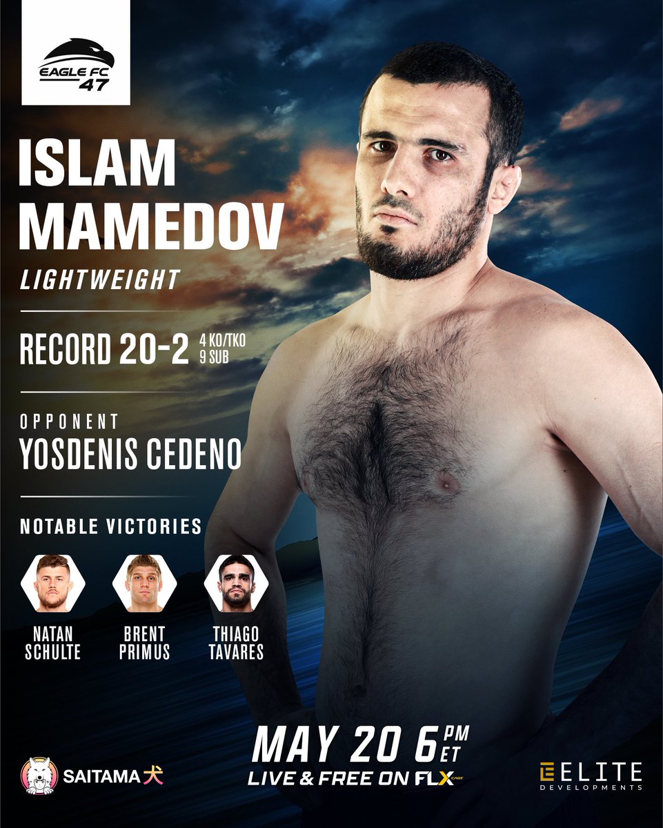 Islam Mamedov will step into the Eagle FC hexagon on May 20th

The Dagestani native will take on Cuban-American Yosdenis Cedeno 👀

#EagleFC47: Dos Santos vs. De Castro | Friday May 20 | Watch Eagle FC LIVE and FREE only on FLXcast. Sign up today at EagleFC.com