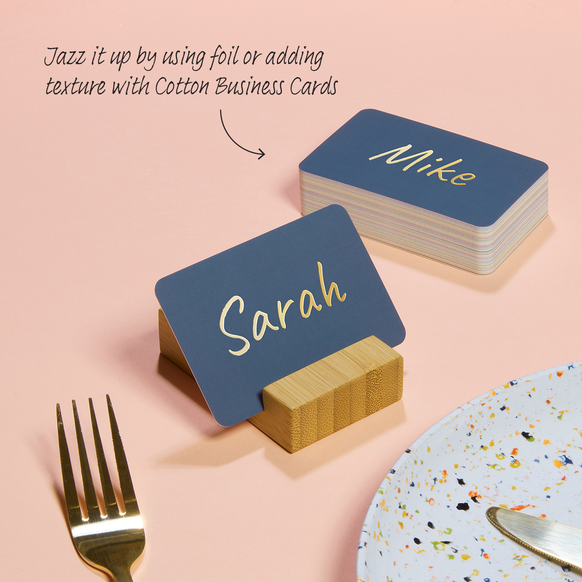 MOO's tweet photo. Business Cards don't always have to talk business. Use them for place cards and jazz them up using foil or add texture by choosing Cotton Business Cards.💡 #MOOtips https://t.co/PD8q7nAt2Q