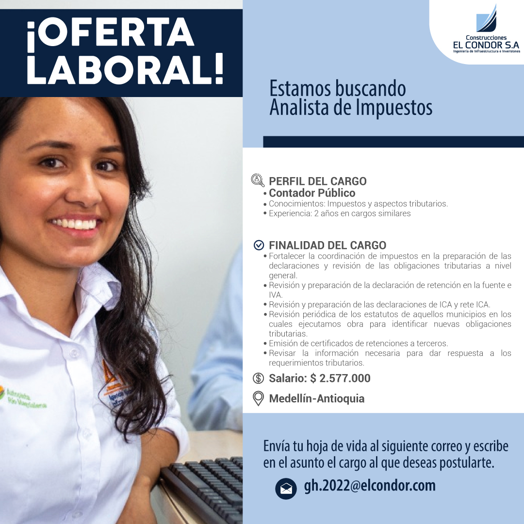 C_ElCondor's tweet photo. #TrabajoSiHay | Si cumples los requisitos para la vacante de ANALISTA TRIBUTARIO, esta vacante es para ti. Ten en cuenta el correo oficial por el que realizaremos el proceso. https://t.co/OFqRkcIurH