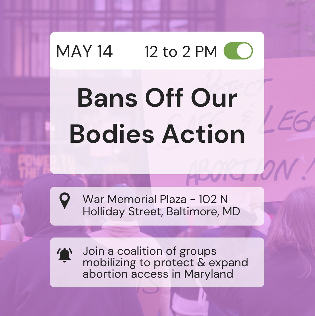 AbortionFundMD's tweet photo. 📆 THIS SATURDAY! Join us, other organizations, and community members in support of protecting abortion access in Maryland! #savethedate #bansoffourbodies #BaltimoreAF #BAFBringItOn https://t.co/g9g9j5WboT
