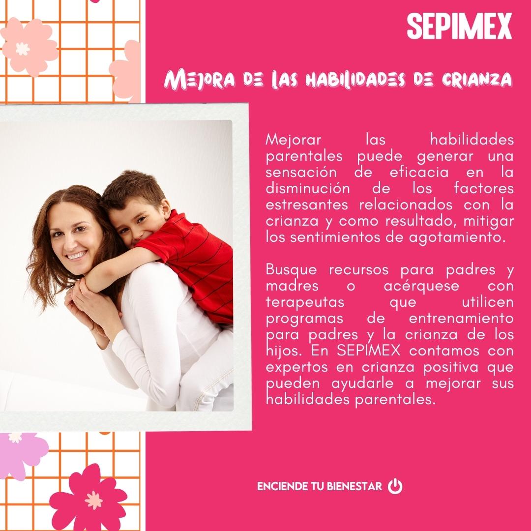 SEPIMEX's tweet photo. Cuando las mamás practican el autocuidado mejoran la relación con sus hijos. Conoce más sobre cómo evitar el agotamiento parental y de cómo cuidar tu salud mental siendo mamá. https://t.co/vpeW0wiCCh