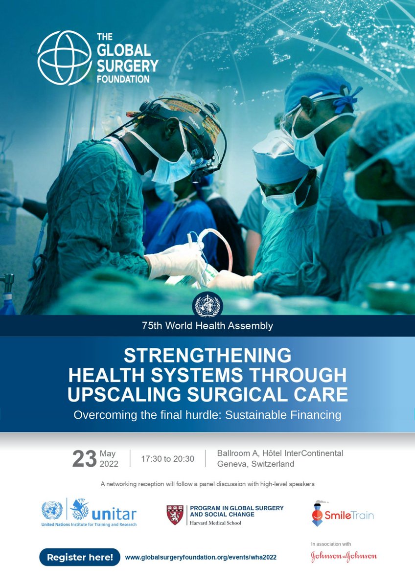 We are gathering to take the next step in global health. Together.

➡️23 May in Geneva &amp; online: globalsurgeryfoundation.org/events/wha2022

#WeAreGlobalSurgery #HealthForAll #WHA75 <a href="/UNITAR/">UNITAR</a> <a href="/HarvardPGSSC/">Harvard Global Surgery</a> <a href="/Smiletrain/">Smile Train</a>