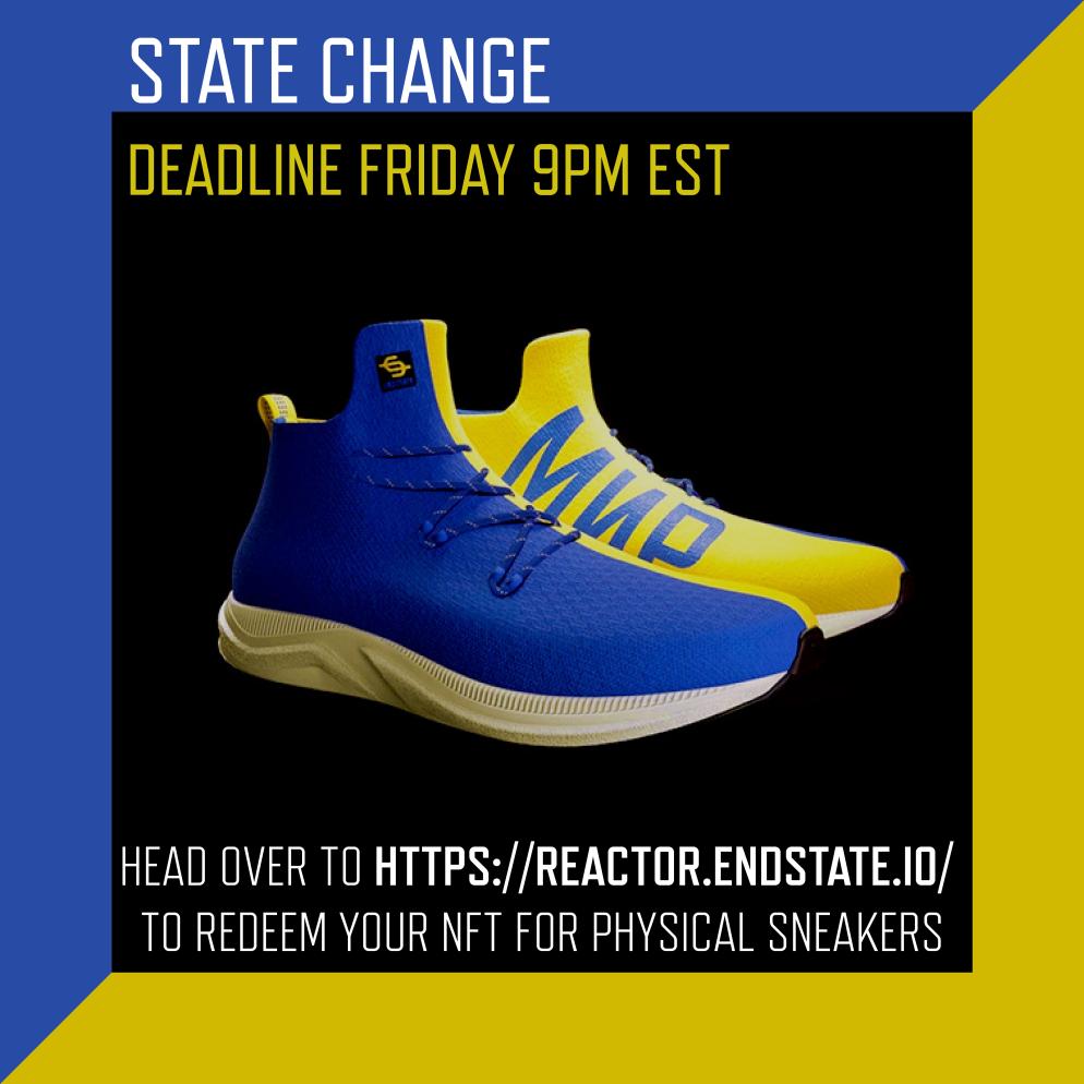endstate's tweet photo. Ukraine Aid #StateChange happening now.
Don't miss your chance to redeem your NFT for physical sneakers: https://t.co/BXr2ebImtu https://t.co/EqRsLwaf9Q