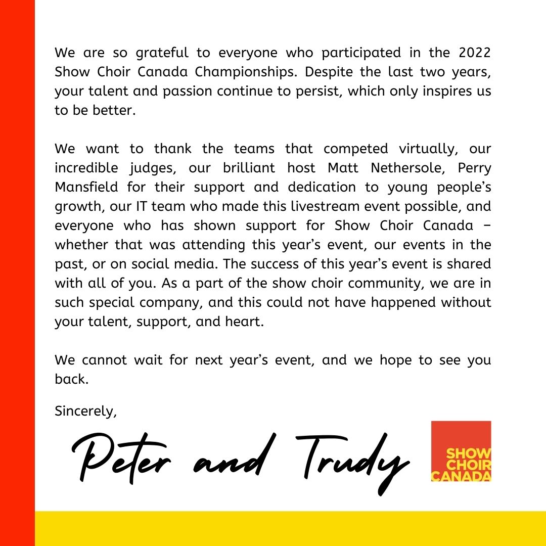 A personal note from SCC producers Peter da Costa and Trudy Moffatt to all of you. Thank you - until next time! ⭐ 🎶  #SCC2022
-
#showchoircanada #showchoir #show #choir #canada #glee #gleek #sing #dance #compete