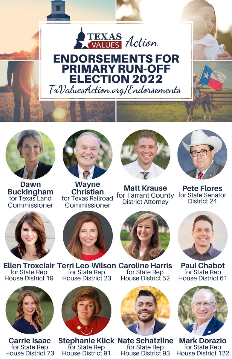 Texas Values Action (@txvaluesaction) on Twitter photo Remind a friend that Early Voting starts this coming Monday, May 16th, for the Primary Run-off Election! Election Day is May 24th.
Find a full list of our endorsements at: txvaluesaction.org/endorsements/
<a href="/PeteFlores_TX/">Senator Pete Flores District 24</a> <a href="/EllenTroxclair/">Ellen Troxclair 🇺🇸</a> Remind a friend that Early Voting starts this coming Monday, May 16th, for the Primary Run-off Election! Election Day is May 24th.
Find a full list of our endorsements at: txvaluesaction.org/endorsements/
<a href="/PeteFlores_TX/">Senator Pete Flores District 24</a> <a href="/EllenTroxclair/">Ellen Troxclair 🇺🇸</a>