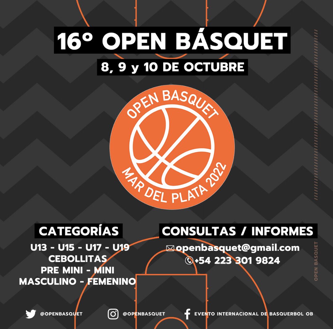 🏀⛹🏻‍♀️⛹🏻 ¡Sé parte de una experiencia única en la ciudad de Mar del Plata! 

🏀🔥16º Evento Internacional Open Básquet

🗓👉 8, 9 y 10 de octubre 
➕ info bit.ly/3wkePCB