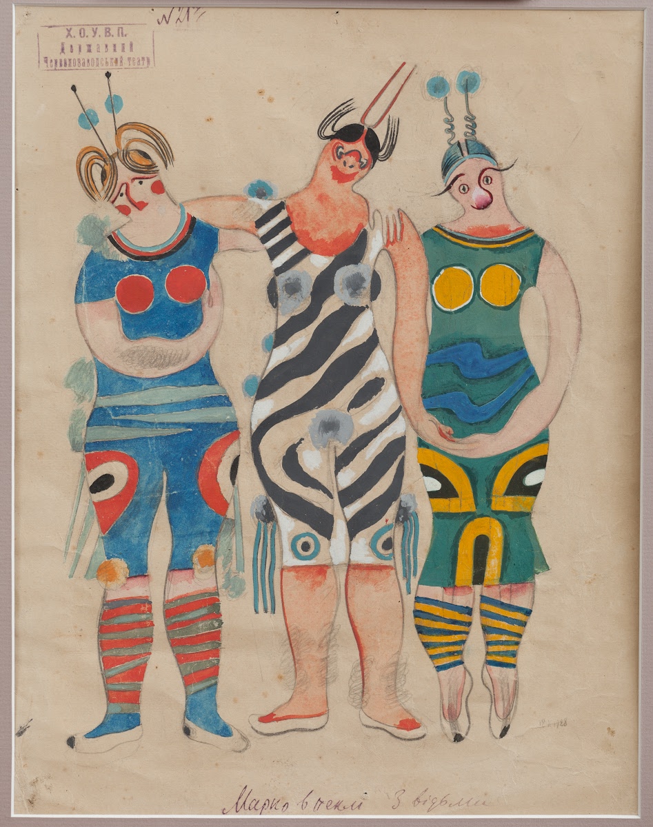 Op de zesenzeventigste dag van Poetins misdadige oorlog tegen de Oekraïense bevolking, is dit het Oekraïense kunstwerk van de dag: Drie kostuumontwerpen van Boris Kosarjev voor.. ja wat zijn dit, Sovjetgremlins? Ze zitten iig in de satirische ‘feeërie’ Marko in Hel uit 1928.