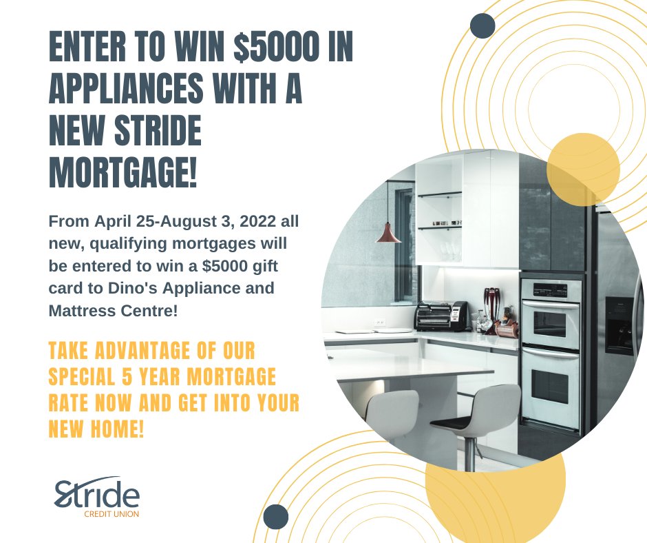 Limited time offer: enter to win a $5000 gift card to Dino's Appliance &amp; Mattress Centre with a new StrideCU mortgage signed between April 25- Aug 3, 2022! Call 877-228-2636 or email contactus@stridecu.ca to book an appt. 

#StrideCU #herewegrow #mortgages #Manitoba