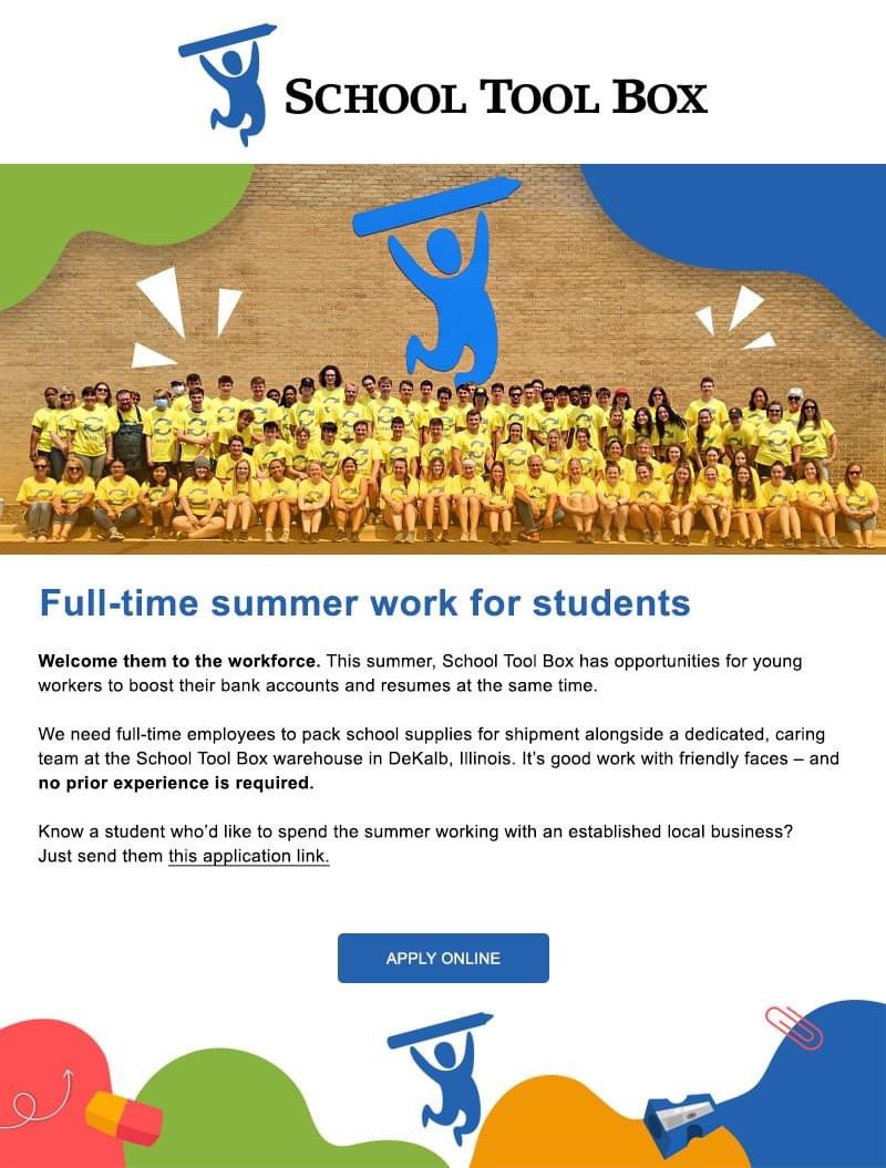 sycamorechamber's tweet image. Full-time work this summer for students at School Tool Box!

Check out their website for more info:  schooltoolbox.com/school-supplie…