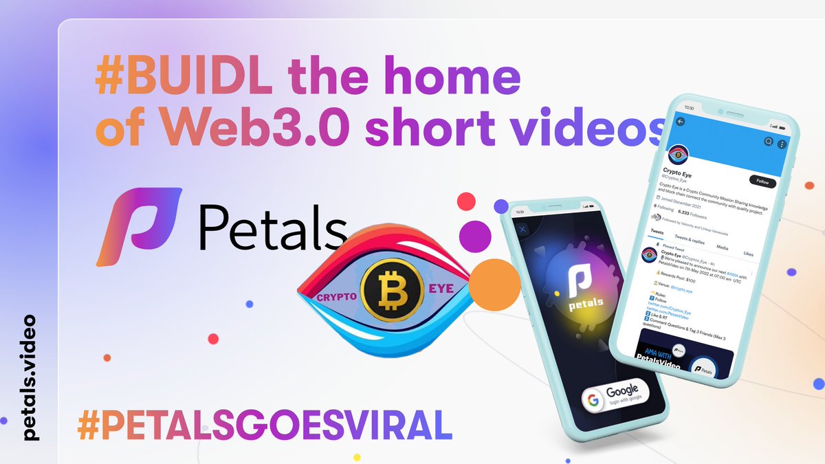 PetalsVideo's tweet photo. 🎁 LET'S GO VIRAL #giveaway #PetalsVideo X #CryptoEye
#Petals is a Web 3.0 short video creation and social platform
Join the movement to earn $10 rewards each for 15 participants.
1️⃣Follow @PetalsVideo & @Cryptoo_Eye
2️⃣ Like, RT, tag 4 friends
3️⃣ Comment #PETALSGOESVIRAL https://t.co/vkNWHBbYzW
