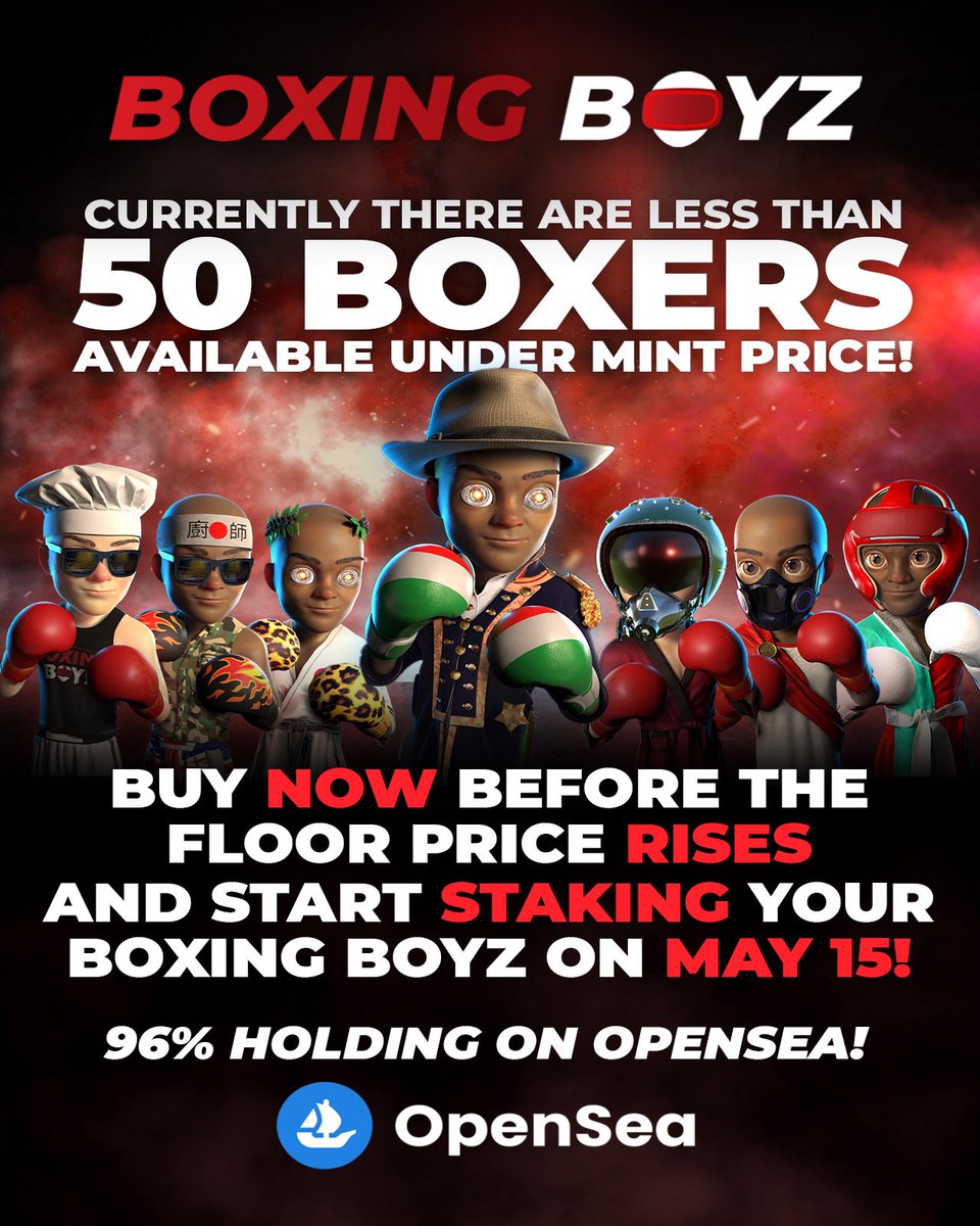 officialswick's tweet photo. Less than 50 NFTs less than mint price! Buy at a discount and start staking on May 15th! Buy Here: https://t.co/PhYgyMSzJM
#nft #nfts #crypto #metaverse #gaming #boxingboyz https://t.co/jhybPa6vQF