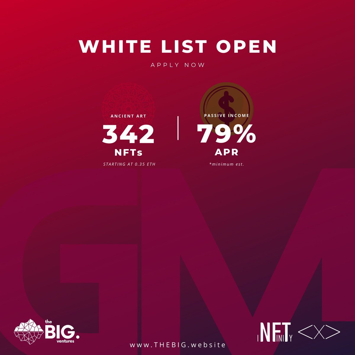 GM🌞

𝗪𝗛𝗜𝗧𝗘𝗟𝗜𝗦𝗧 𝗦𝗣𝗢𝗧𝗦 (GIVEAWAY ONGOING)
🖼️342 Ancient Art #NFTs
💸79% APR #PassiveIncome (Crypto Mining, Trading)

🧵Apply: <Check Thread>
.
#gm #degens #nftcommunity #bluechipnft #whitelist #nftdrop #droppingsoon #nftcollection #utility #giveaway #gm