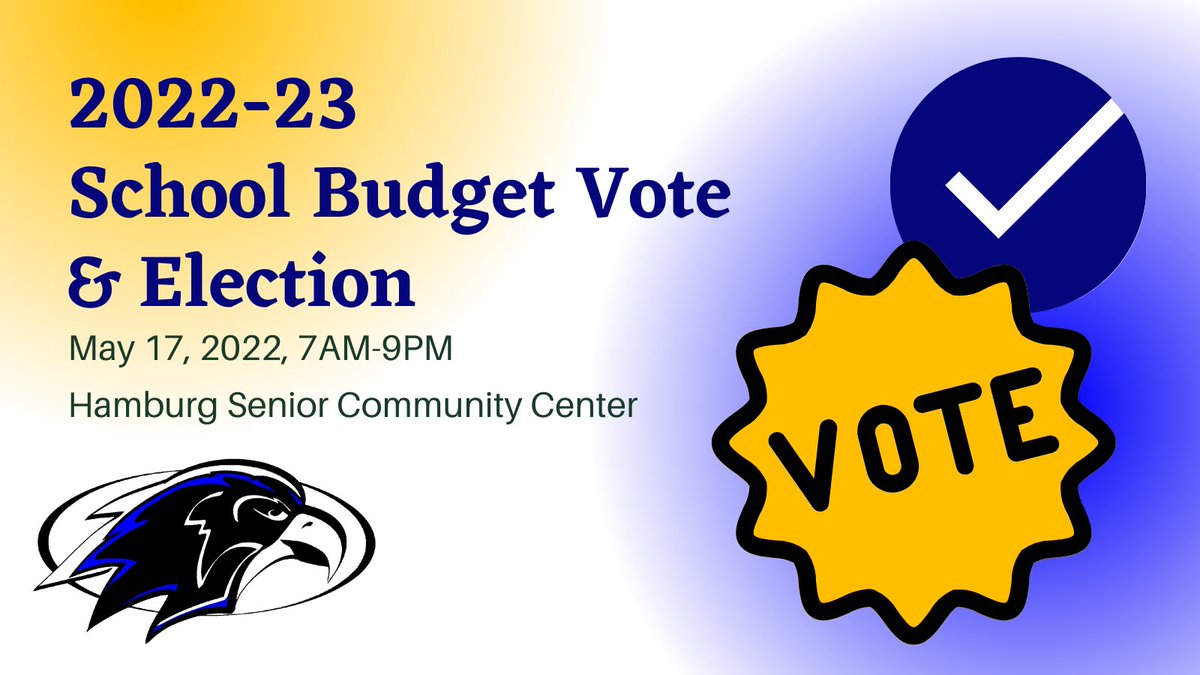 FrontierCSD's tweet photo. The 2022-23 Budget Vote and Election is just one week away! Polls will be open May 17 from 7AM-9PM at the Hamburg Senior Community Center. Find helpful information and resources on the Budget &amp; Election page on our website: https://t.co/eMNQKXuDee https://t.co/hpwY5pey8x